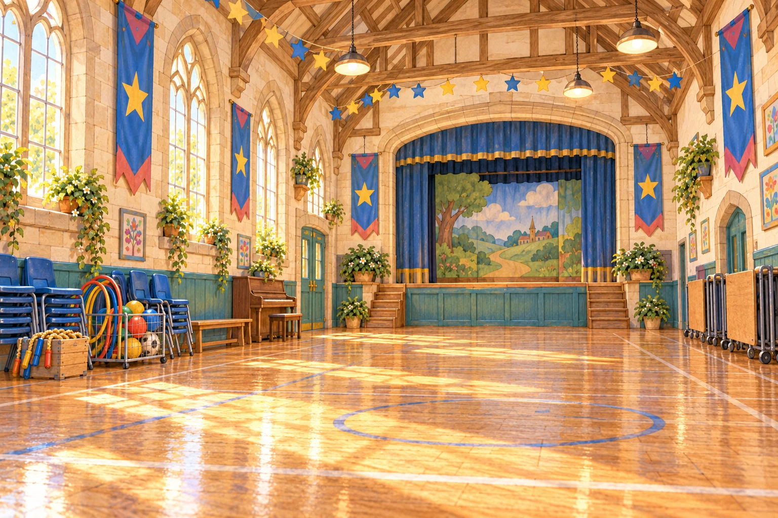 A warm stone school hall with tall windows, polished floor, stacked chairs, soft play equipment, blue and gold banners and a small curtained stage