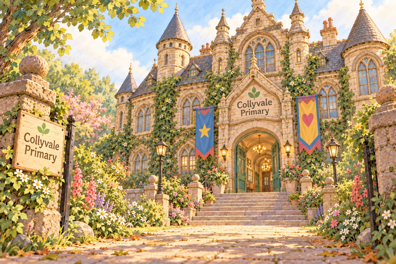 Collyvale Primary's grand stone front, with small towers, arched windows, teal entrance, blue and yellow banners, garden and broad steps