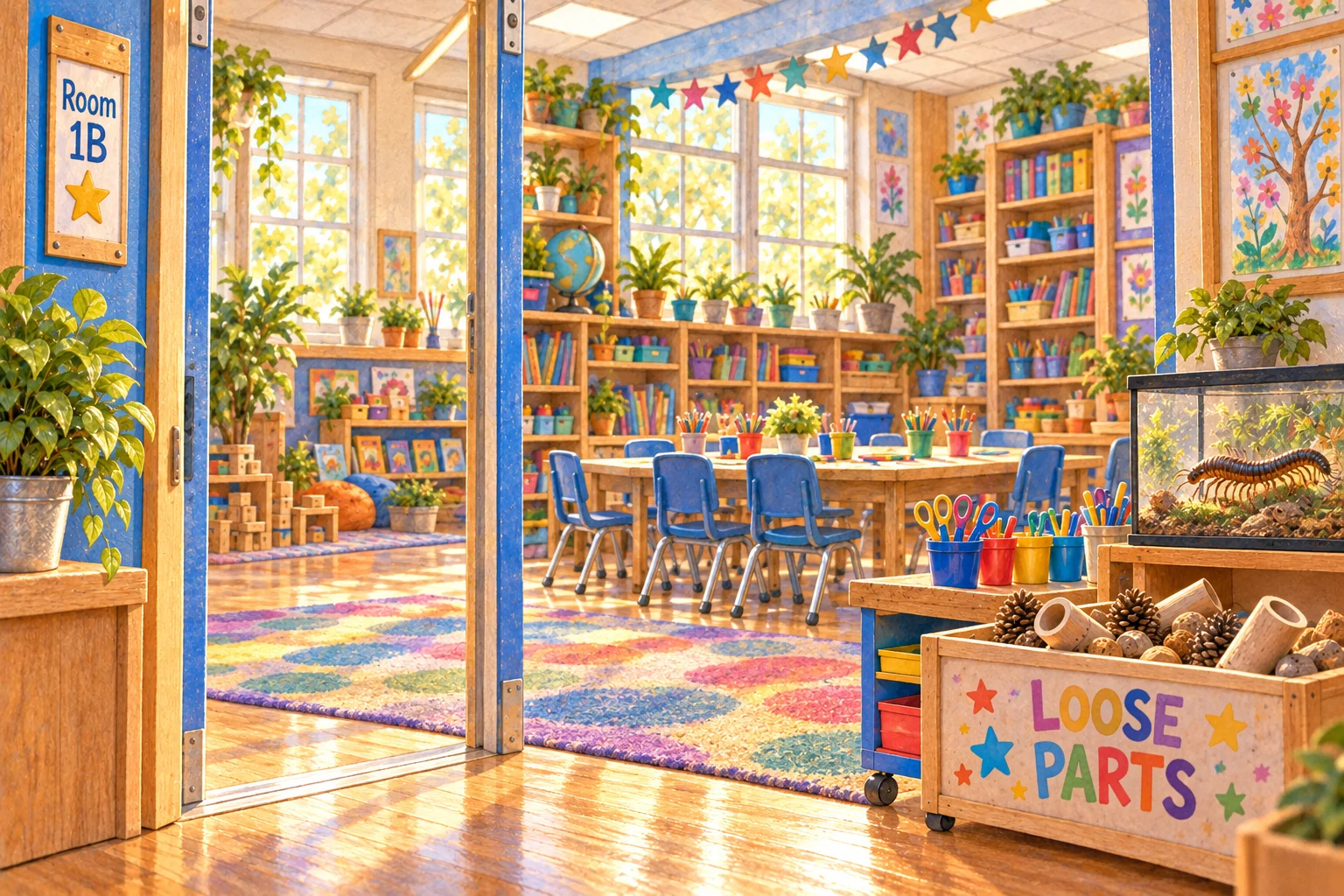 View through the blue Room 1B door into a sunny classroom with books, art supplies, star garland, a tank with a many-legged creature and a Loose Parts box