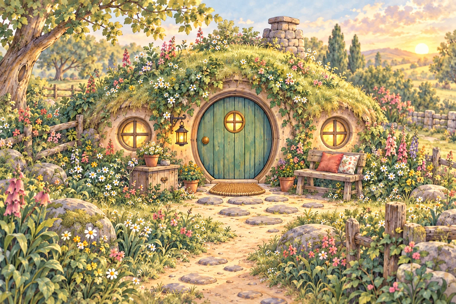 Collywobble Cottage with a flower-covered grassy roof, round teal-green door, warm circular windows, lantern, garden path and cushioned bench