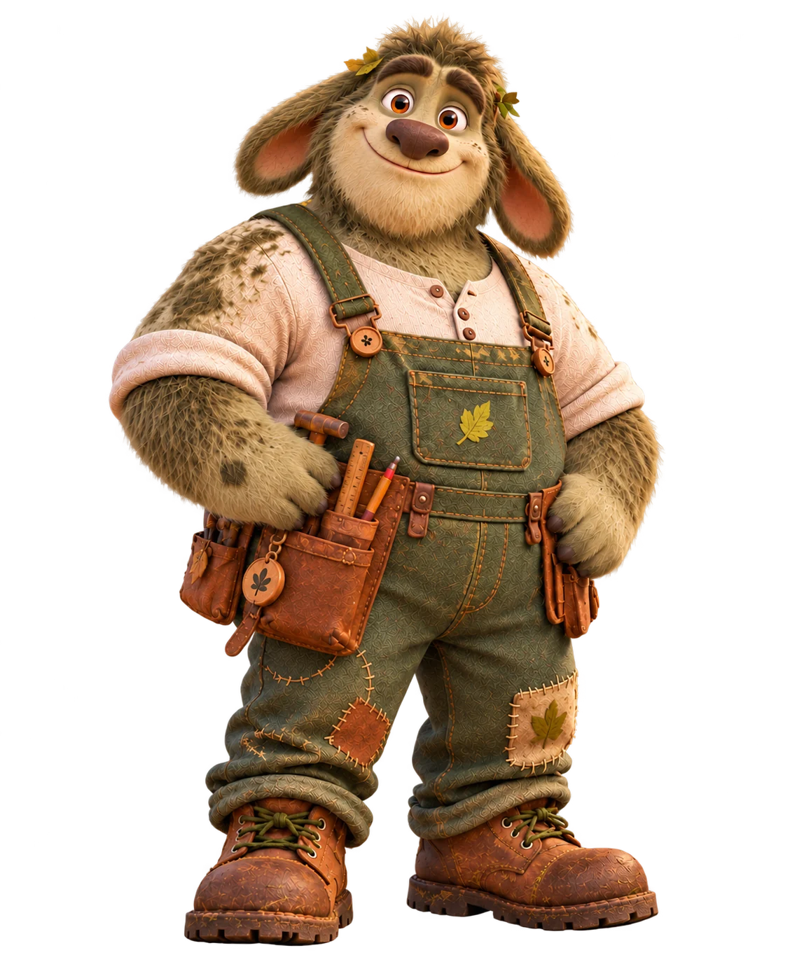 Gus, the hornless olive-green Collywobble dad with floppy ears and work overalls