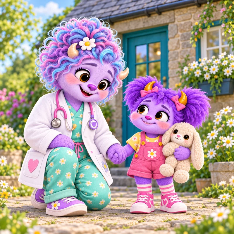 Nurse Nuzzle kneeling to hold Poppy’s hand outside Dr. Tillywell’s clinic, Poppy cuddling her bunny