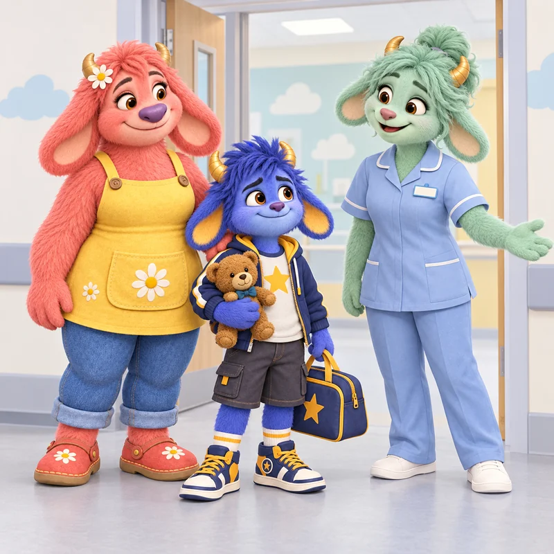 Riley with his teddy and bag, Mom and Nurse Willow on a calm children’s ward