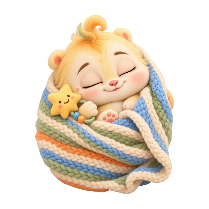 A baby sleeping snugly in a striped blanket