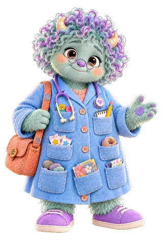 Dr. Tillywell, the mint-green Collyvale doctor in a blue coat