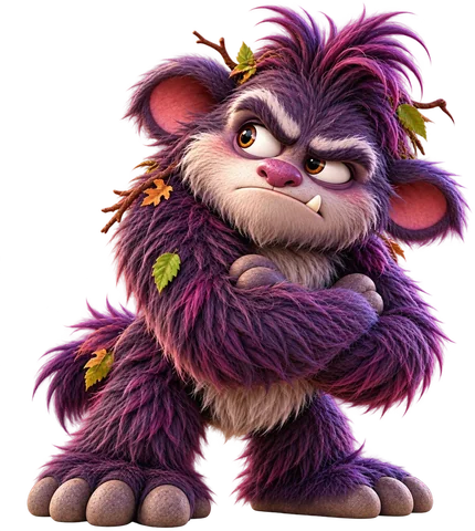 Grimple, a shaggy plum-purple Grumblegruff with folded arms and a grumpy sideways look