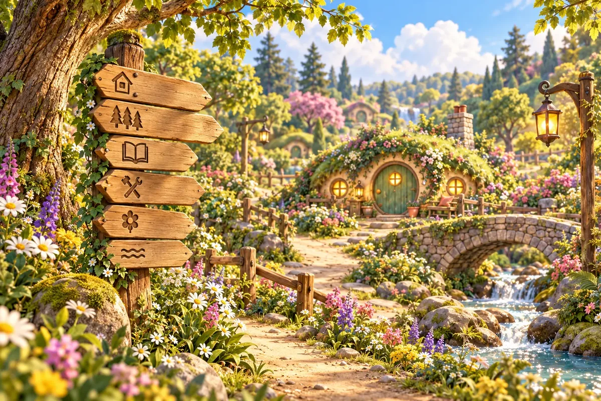 A sunlit path with wooden signposts, a grassy-roofed cottage and a stone bridge in Collyvale