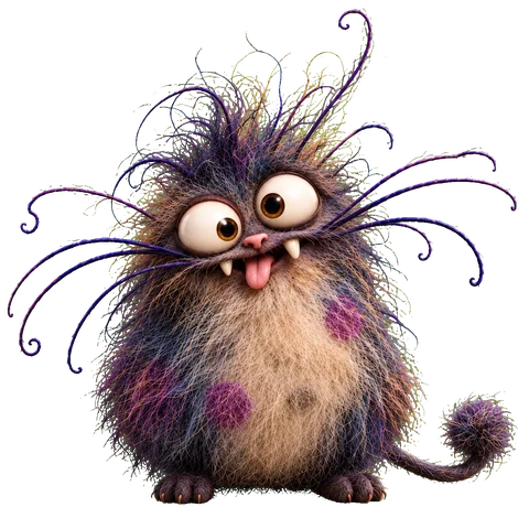 Miaöw, a dark fluffy creature with extravagant whiskers