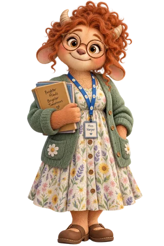 Miss Harper, the copper-curled teacher in a floral dress and green cardigan