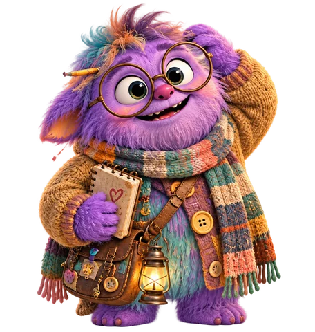 Muddle, the purple bespectacled shopkeeper with scarf, notebook and lantern