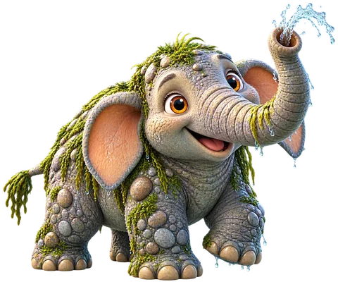 Pebble, the friendly rock-textured Rock-Trunked Snorkeller with mossy patches and a raised trunk