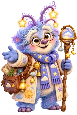 Professor Nimbus Wisp, a blue and lilac professor with round glasses, a starry scarf and a staff topped with a glowing globe