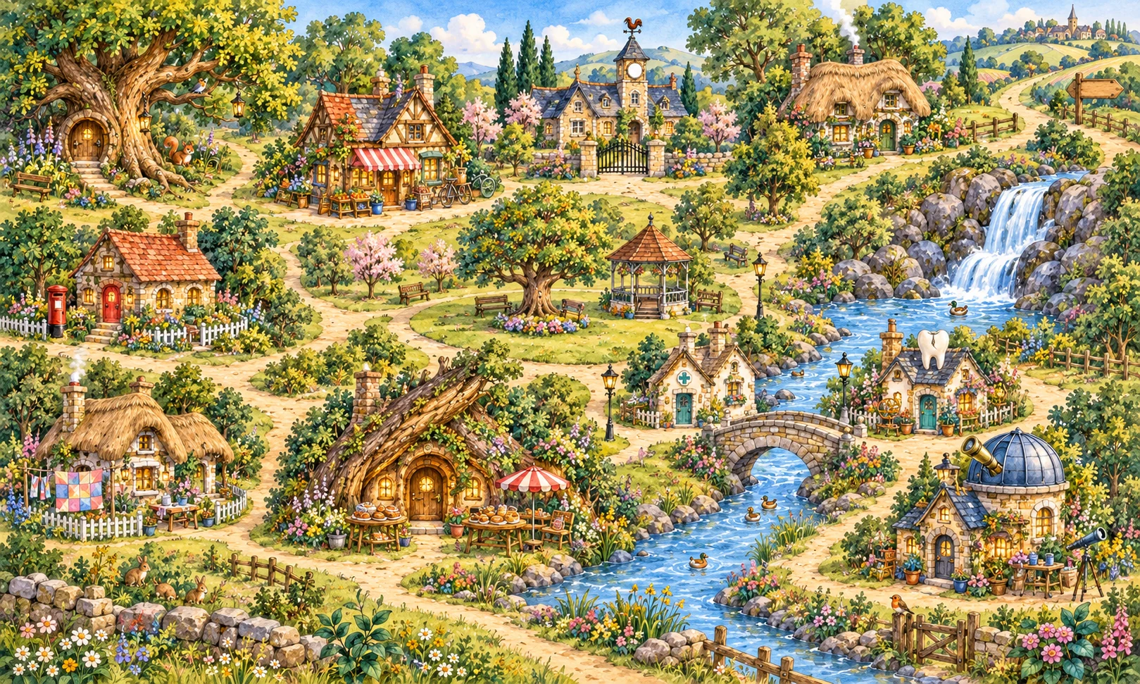 The village of Collyvale, with winding paths, a stream, a waterfall and lots of little places to visit.