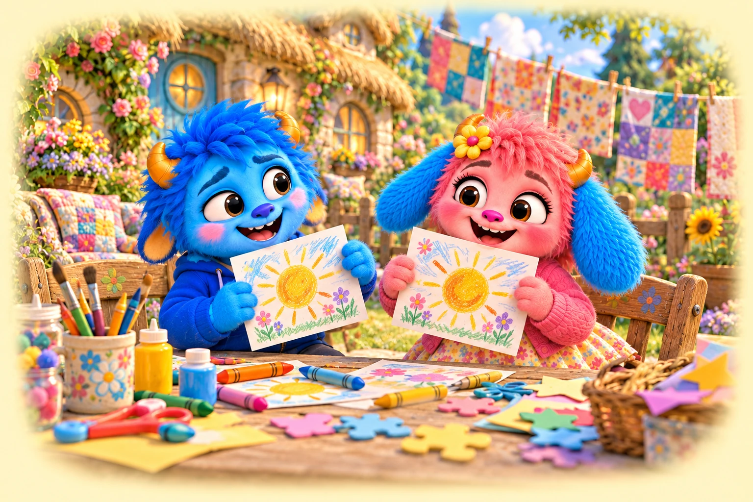 Ollie and Bella making colorful pictures together at Quilt Corner