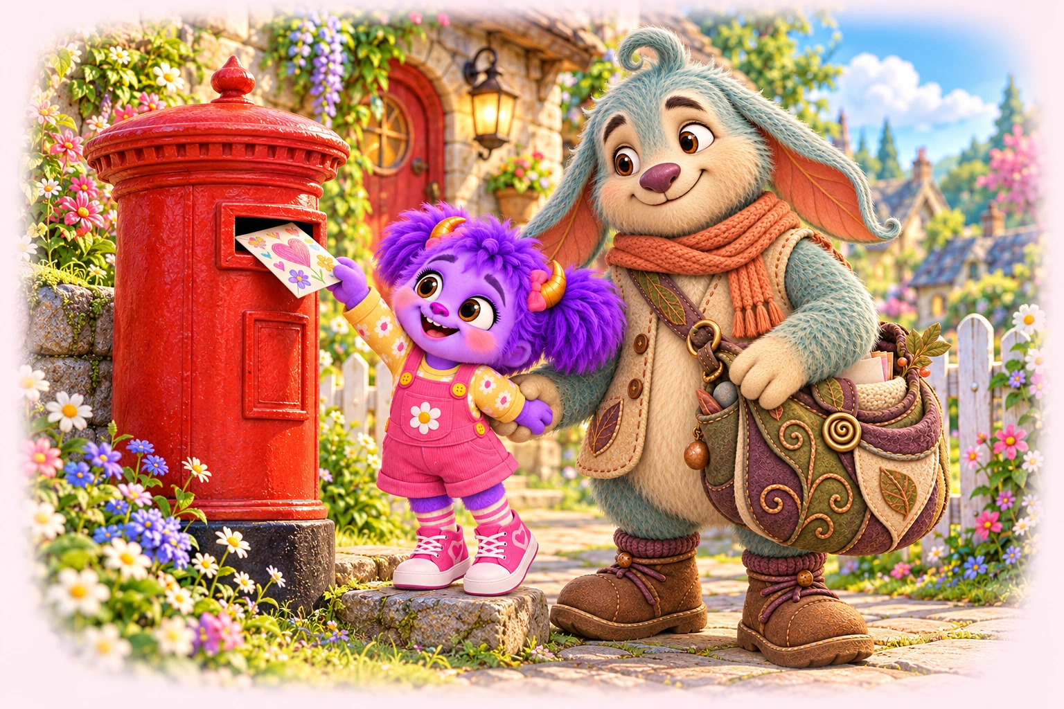 Poppy posting a picture while Mr. Pottle helps beside the Collyvale mailbox