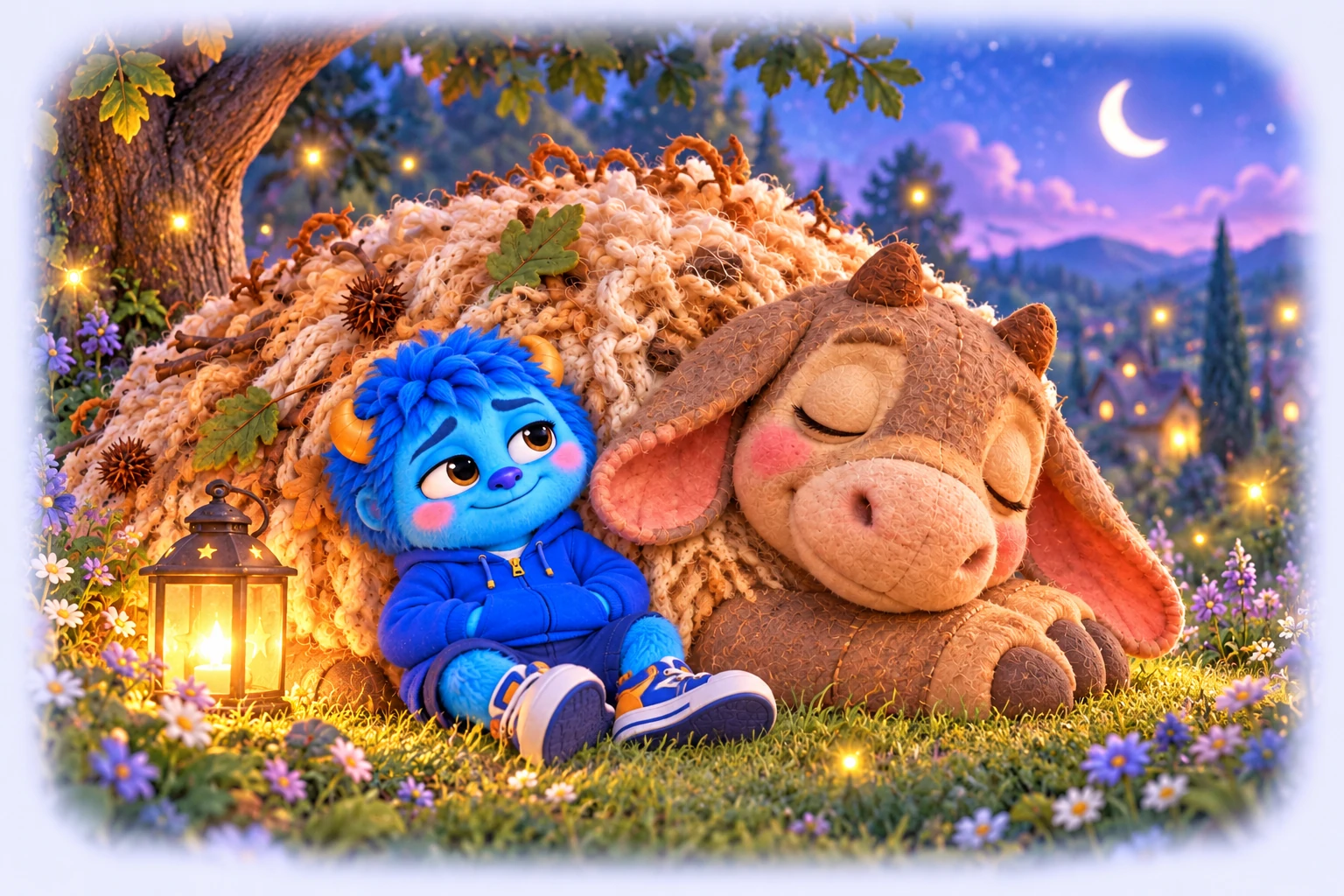 Ollie resting quietly beside Woollyback under a crescent moon