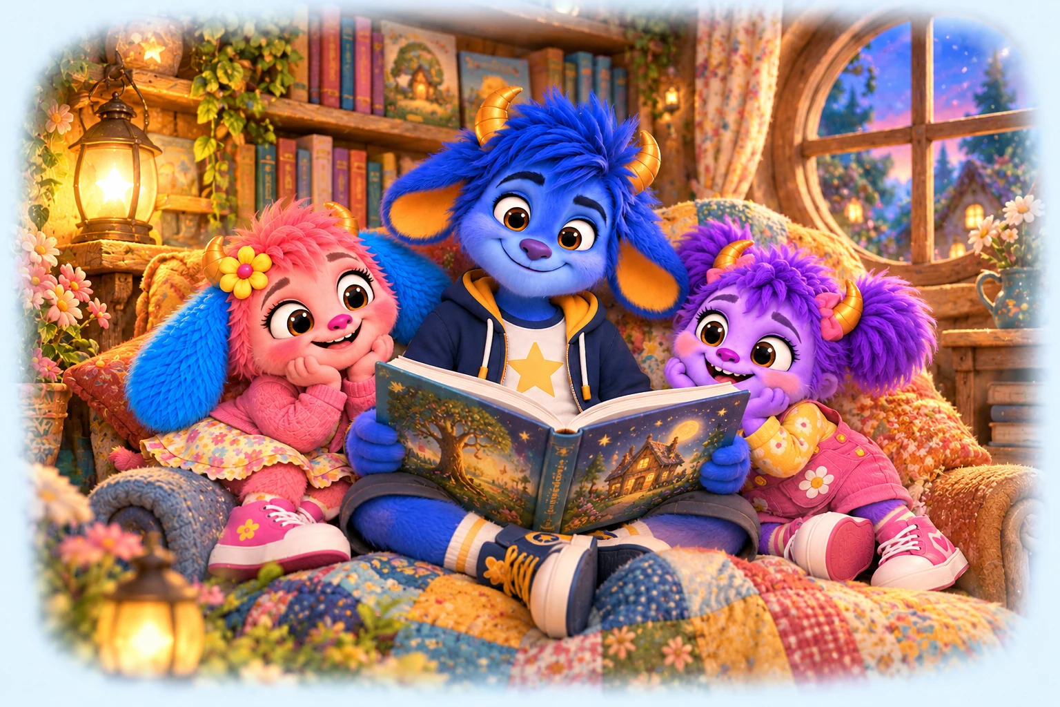 Riley reading a story with Bella and Poppy in the Book Nook