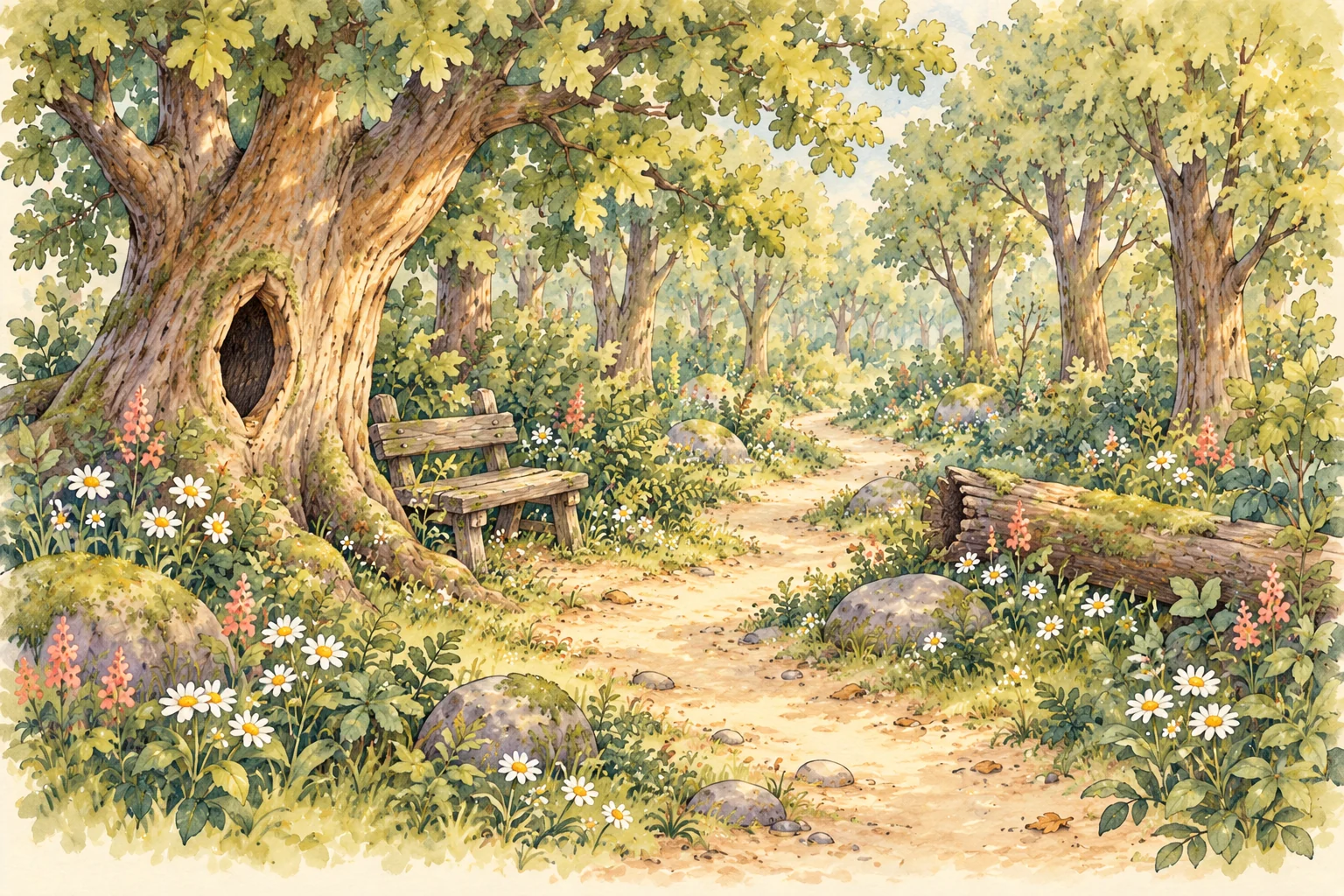Sunlit entrance to the Listening Woods with a broad old tree and knothole, a small bench, wildflowers, a mossy log and a winding path