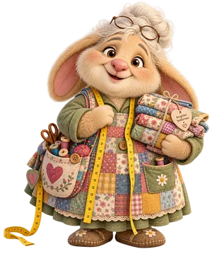 Nanna Nook with glasses in her silver hair, a patchwork apron and a bundle of colorful fabric