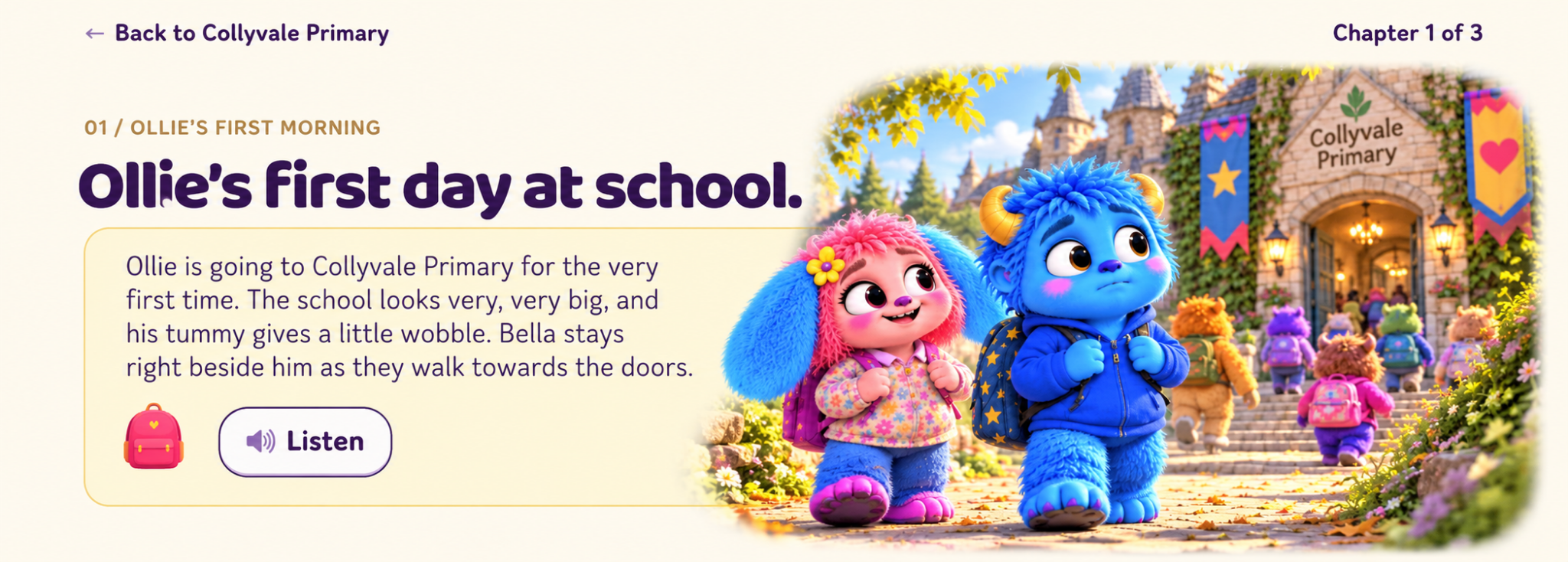 Ollie and Bella walking together towards Collyvale Primary on Ollie’s first day at school.