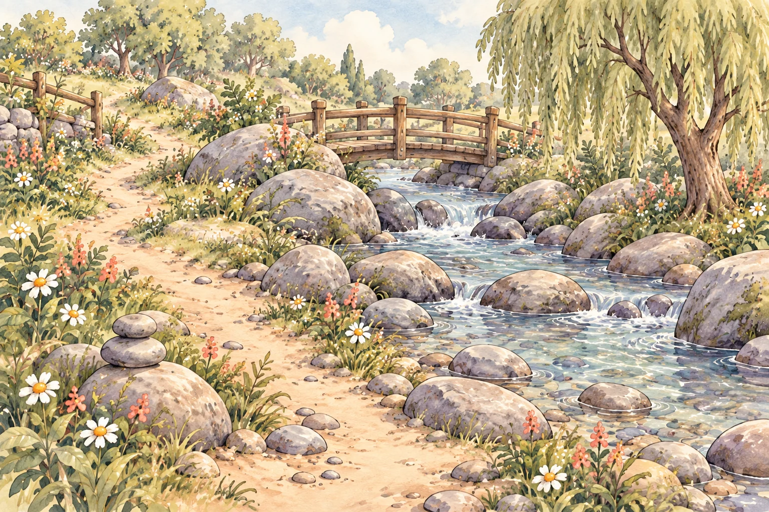 The path to Pebble Hollow beside a stream of rounded stones, with a small wooden bridge, drooping willow, wildflowers and a little pebble stack