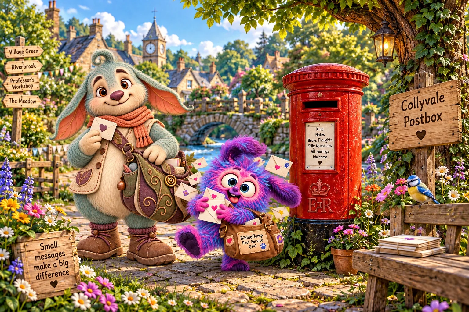 The Collyvale Mailbox: Mr. Pottle holding a letter, Bibbleflump juggling flying letters, a red mailbox under a tree, a signpost, and a blue tit on a bench.