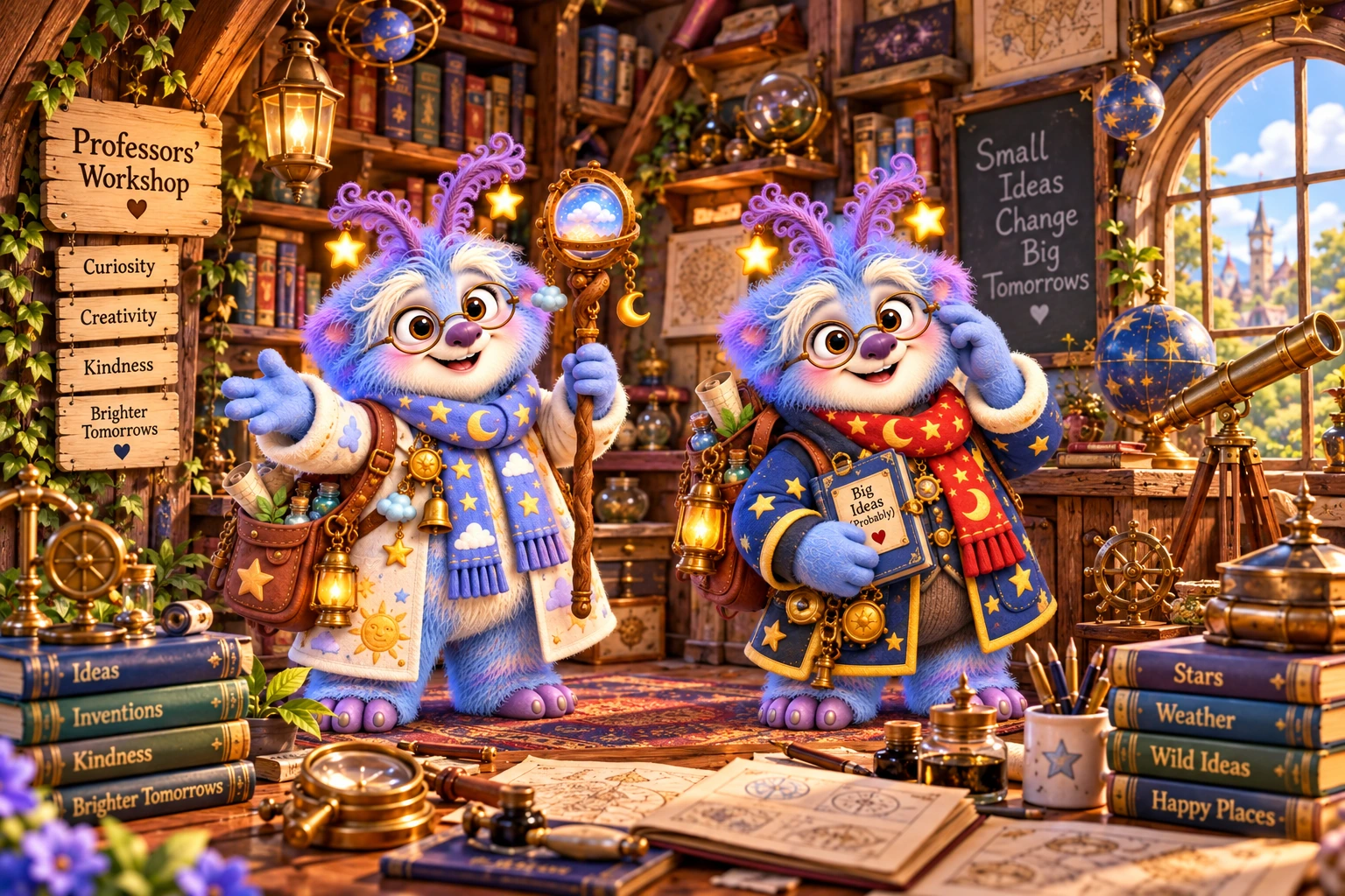 The Professors’ Workshop with Professor Nimbus Wisp and Professor Gideon Glitch among books, lanterns, a telescope and a blackboard.