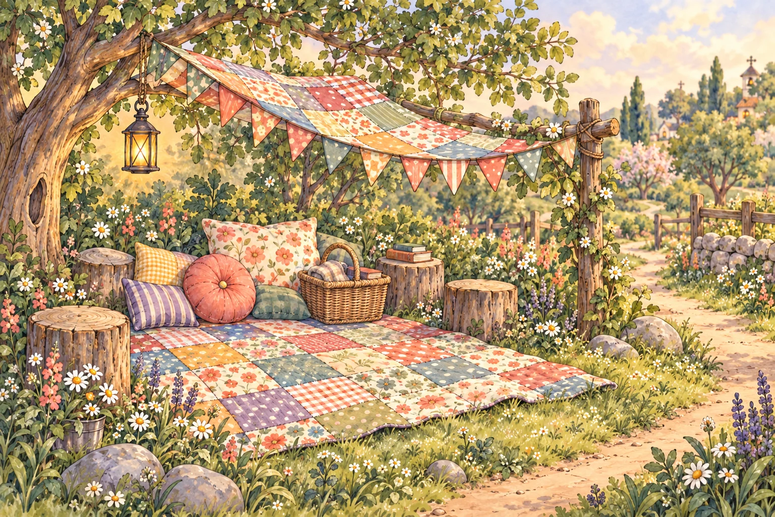 Quilt Corner beneath a patchwork outdoor canopy and leafy tree, with a hanging lantern, large quilt on grass, floral and round coral cushions, wicker basket, books, log stools and garden path