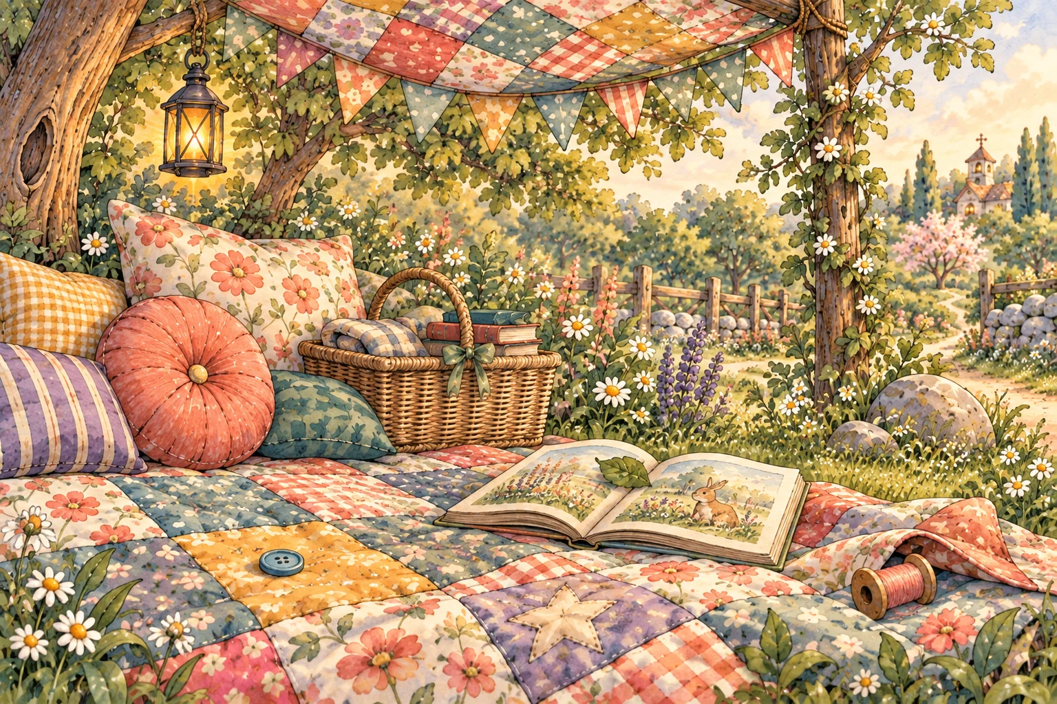 Close view from under Quilt Corner's patchwork canopy, showing a blue button on a yellow quilt square, green bow on a basket, leaf on an open picture book, thread spool by a folded corner and stitched star patch