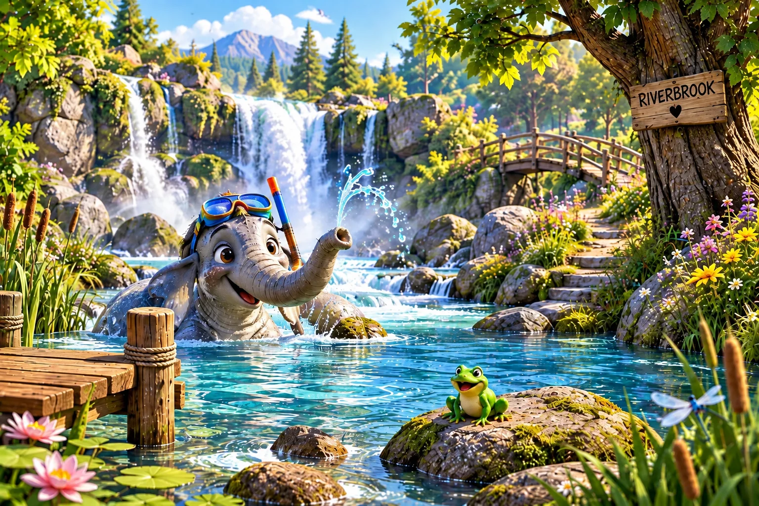 Riverbrook with Pebble the elephant splashing below a waterfall, a little wooden jetty, a frog on a mossy rock, a wooden bridge and a Riverbrook sign on an old tree.