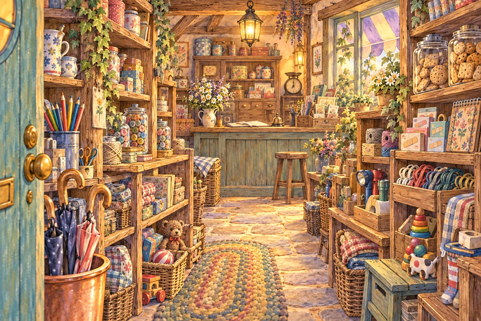 Inside a warm, small wooden general store: shelves of pencils, jars of buttons, umbrellas, ribbons, torches, toys and cookies along a path to a lantern-lit counter