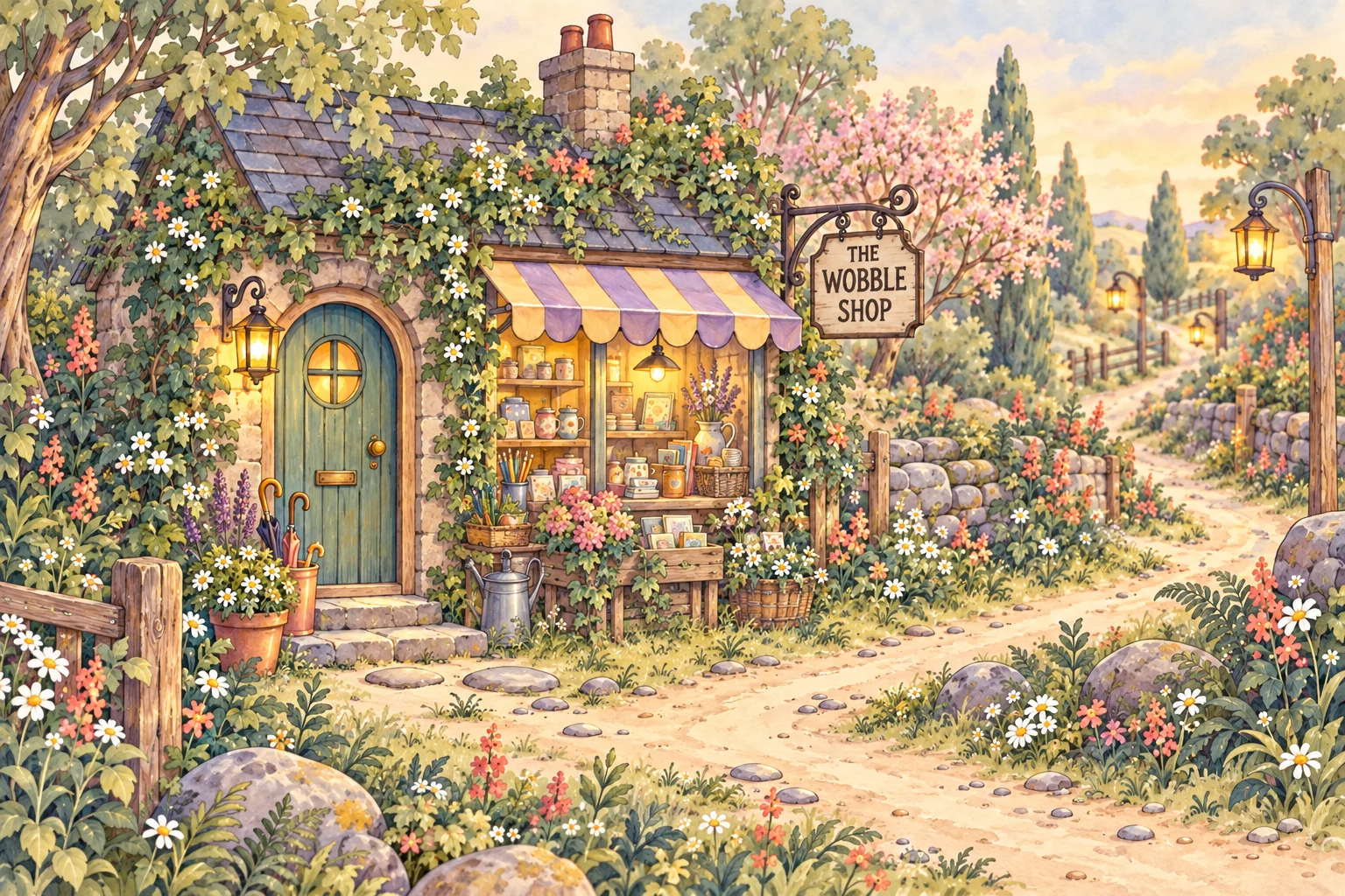 A small ivy-covered stone shop with a teal door, yellow-and-lavender striped awning and a Wobble Shop sign beside a winding flower-lined path