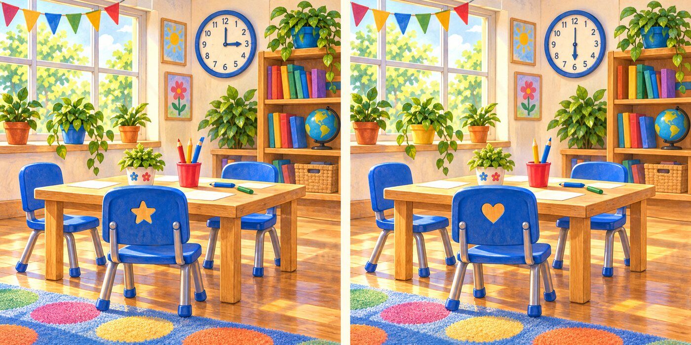 Two similar pictures of a Collyvale Primary classroom with five differences to find