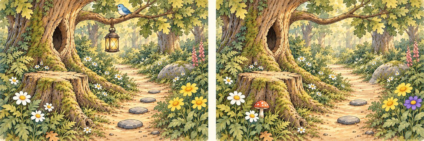 Two similar pictures of The Listening Woods with five differences to find