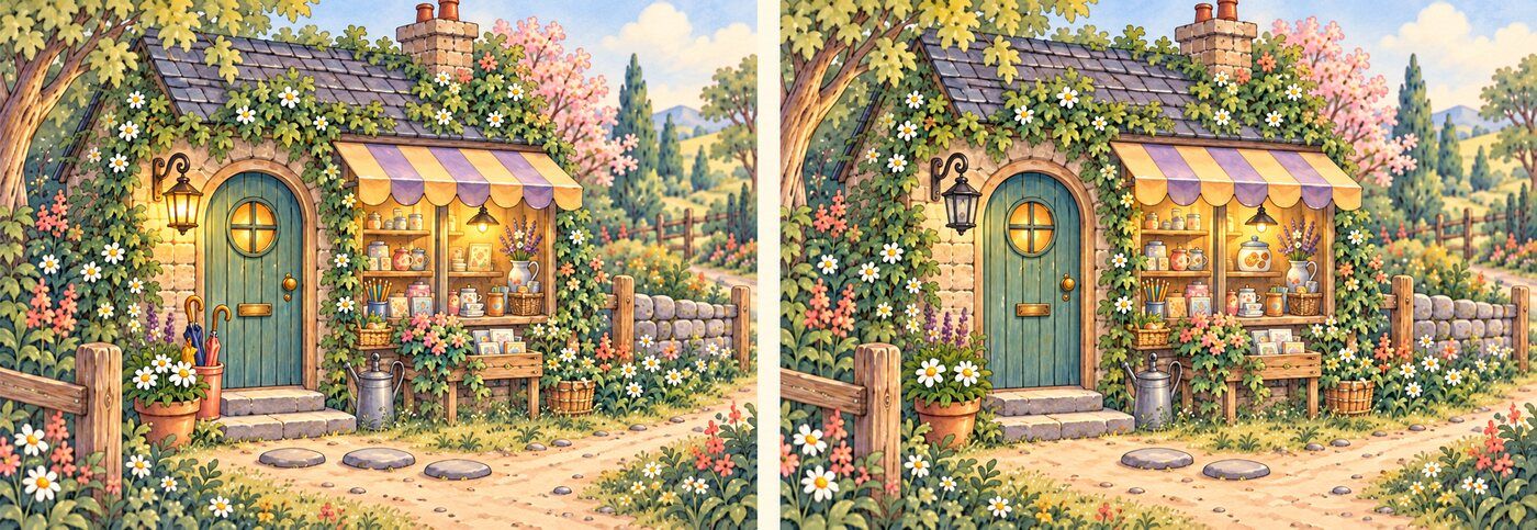 Two similar pictures of The Wobble Shop with five differences to find