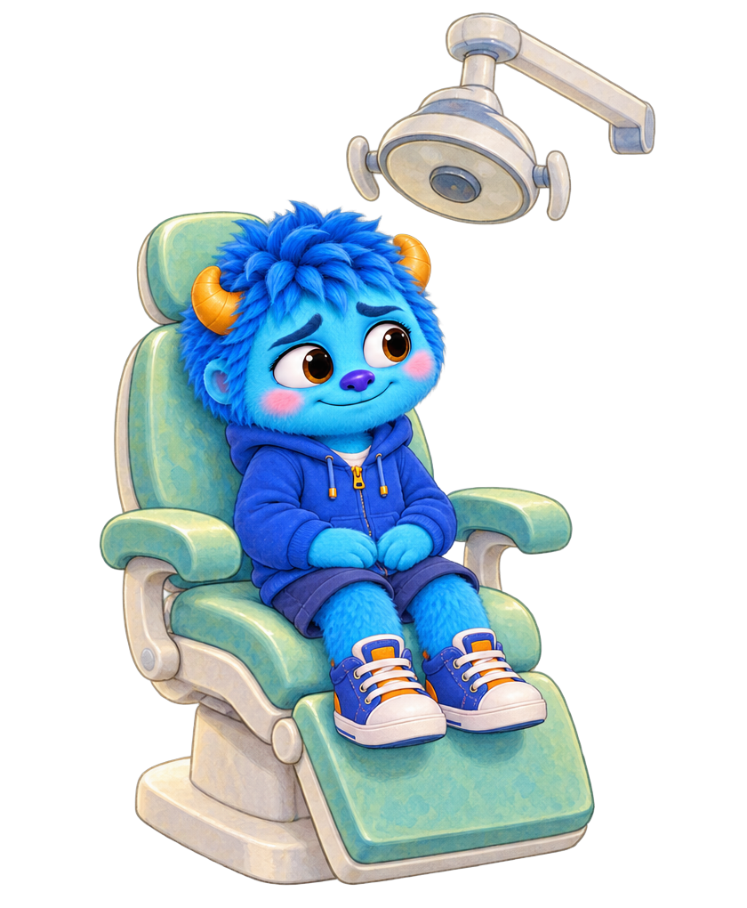 Ollie sitting upright comfortably in Dr. Pearlwhistle’s dental chair.