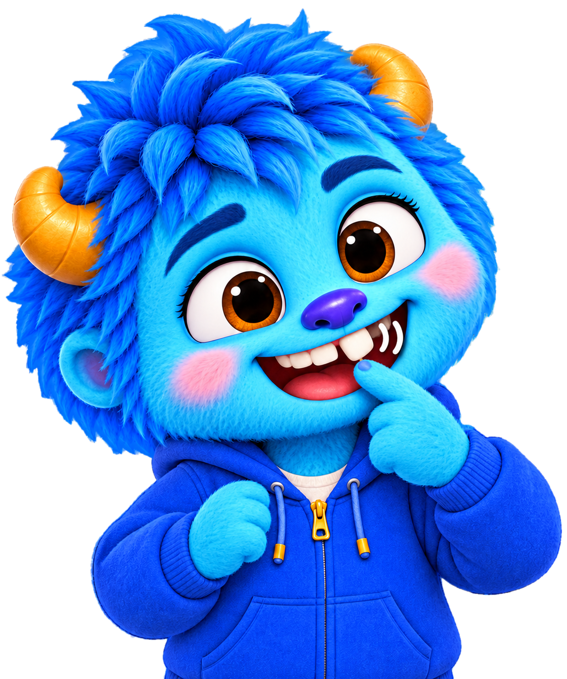 Ollie smiling and pointing to his wobbly tooth